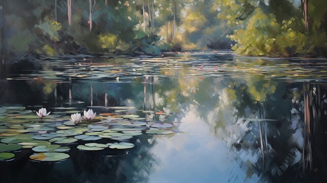 A tranquil pond scene with water lily flowers in the water. Oil painting. 