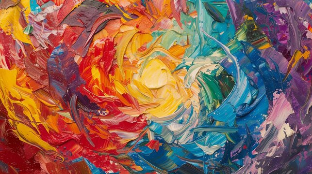 An abstract oil painting with bold and swirling colors crash and blend into one another forming an energetic dance of hues.