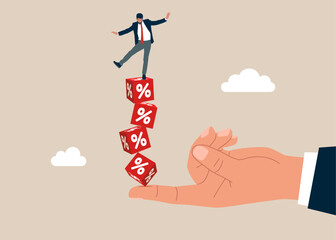Hand help balance cube block with percentage. Crisis monetary policy number below zero growth. Flat vector illustration 
