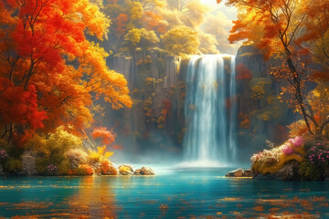 Fototapeta na wymiar Fantasy waterfall with autumn trees and beautiful flowers, idyllic landscape