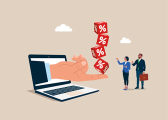 Hand help balance cube block with percentage. Interest downgrade hike or downgrade rate hike due to inflation. Flat vector illustration 