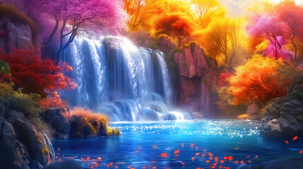 Fantasy waterfall with autumn trees and beautiful flowers, idyllic landscape - obrazy, fototapety, plakaty