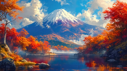 Fototapeta na wymiar An autumn colorful landscape, beautiful orange red trees in the forest near river with the Fujiyama volcano in the background