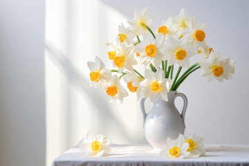 Fresh Daffodils in White Vase on Wooden Table