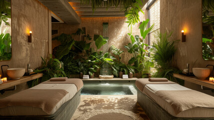Lavish spa setting providing a wellness retreat, emphasizing the holistic approach to beauty and self-care