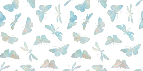 Seamless pattern of butterflies and dragonflies, endless watercolor pattern, hand drawn. Fabric design, kitchen textiles, packaging, wrapping paper.