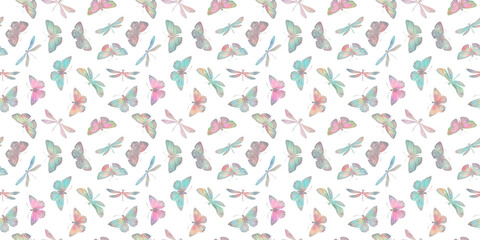 Seamless pattern of butterflies and dragonflies, endless watercolor pattern, hand drawn. Fabric design, kitchen textiles, packaging, wrapping paper.