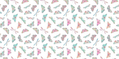 Seamless pattern of butterflies and dragonflies, endless watercolor pattern, hand drawn. Fabric design, kitchen textiles, packaging, wrapping paper.