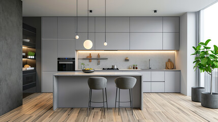 Obraz premium Modern kitchen with monochrome cabinetry, marble backsplash. Dining area, large empty tabletop, black high chairs