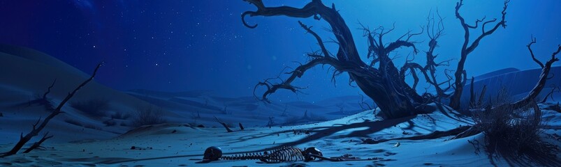 Night with human skeleton and trees with no leaves