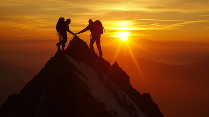 Silhouette of Two Climbers Helping Each Other on Mountain Peak at Sunrise. Adventure and Teamwork Concept