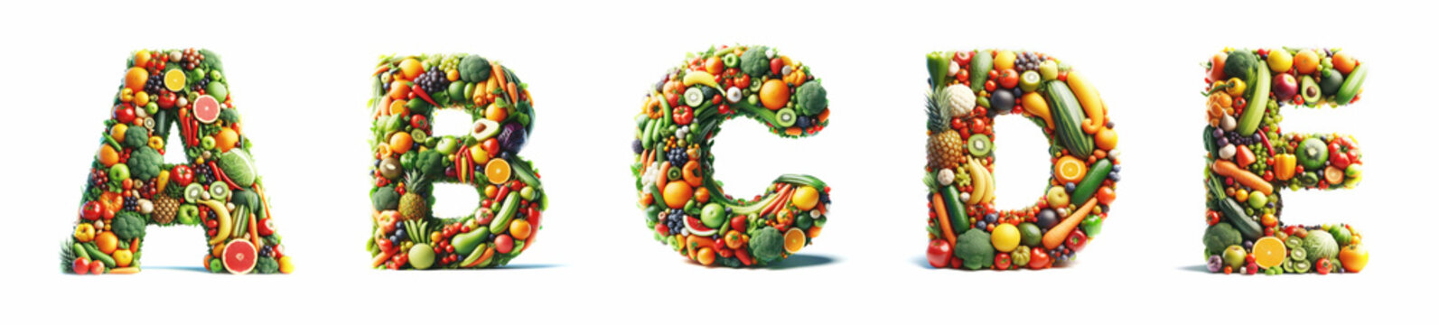 Fruits and Vegetables set - Letters A - B - C - D - E. 3D healthy diet letters from the alphabet isolated on a white background. Diet concept art. Healthy food. Organic fruits and veggies. 