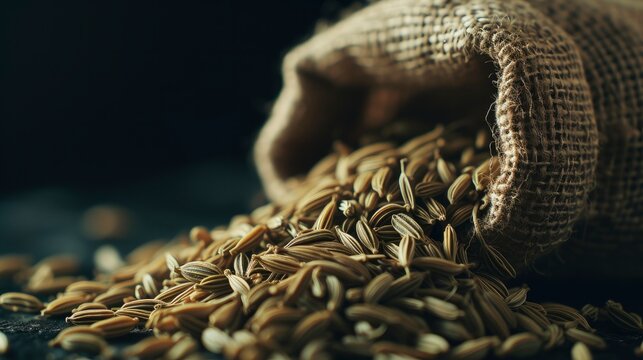 A macro shot of fennel seeds gently spilled out of the sack