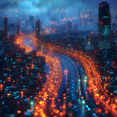 cityscape of architecture at night, in the style of future tech, dark cyan and ambe