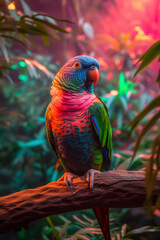 Close-up portrait of a colorful parrot in exotic forest with blue and pink neon lights. Wild bird with leaves in the background.