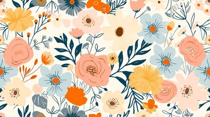 Flowers seamless pattern background, boho, doodle style. Generative Ai