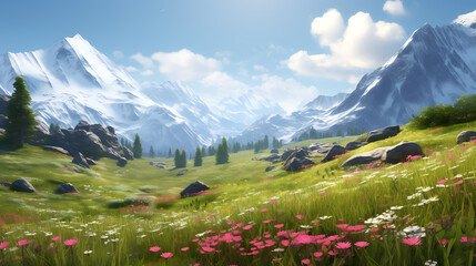 Fototapeta premium A tranquil alpine meadow with a carpet of wildflowers, surrounded by snow-capped mountains 