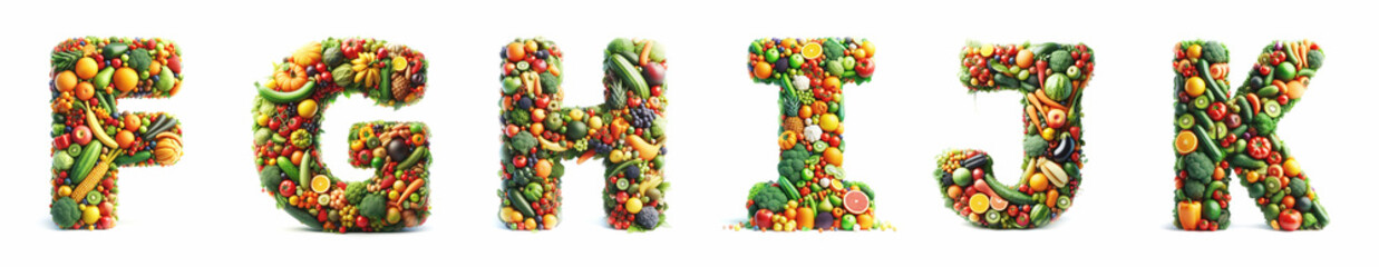 Fruits and Vegetables set - Letters F - G - H - I - J - K. 3D healthy diet letters from the alphabet isolated on a white background. Diet concept art. Healthy food. Organic fruits and veggies. 