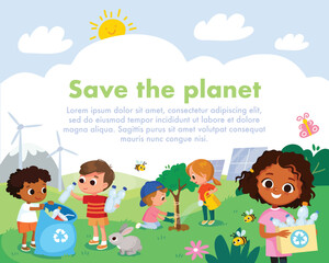 Eco friendly habits. Children, kids pick up, collect garbage, litter in country side, rural areas, and plant trees, plants. Environmental protection.