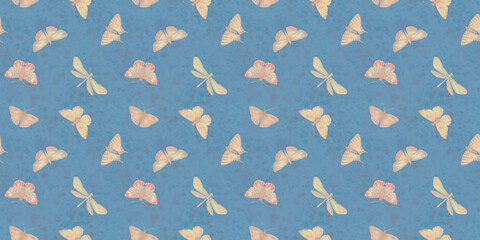repeating ornament, seamless pattern of dragonflies and butterflies, endless watercolor illustration, hand drawn. Design of fabrics, wrapping paper, kitchen textiles, packaging.
