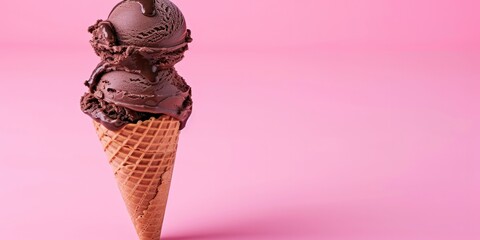 Soft Chocolate Ice Cream in a Waffle Cone on Pink Background, with Copy Space