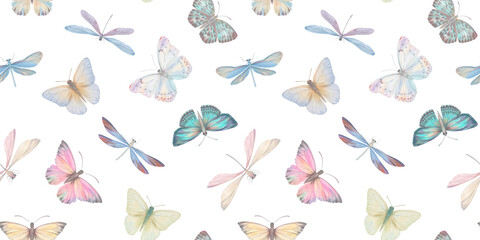 repeating ornament, seamless pattern of dragonflies and butterflies, endless watercolor illustration, hand drawn. Design of fabrics, wrapping paper, kitchen textiles, packaging.