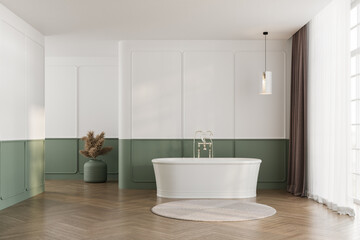 Fototapeta na wymiar Classic bathroom interior with luxury bathtub and green-white wall, parquet floor.