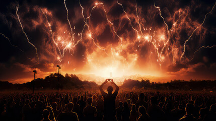 Dynamic concert vibes: Silhouettes dance under vibrant fireworks and concert lights, creating an...