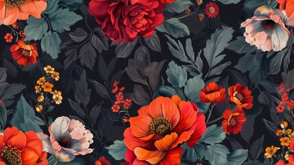 flowers, boho, doodle, dark color, seamless pattern background. Generative Ai