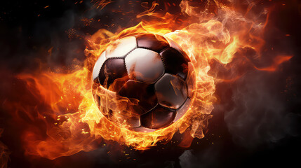 Fototapeta premium football on fire, Fiery and Dynamic sports action captures blazing energy, and triumph on the field. A powerful blend of skill and passion in a fiery display.