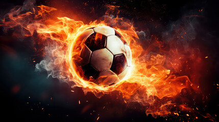 Fototapeta premium football on fire, Fiery and Dynamic sports action captures blazing energy, and triumph on the field. A powerful blend of skill and passion in a fiery display.