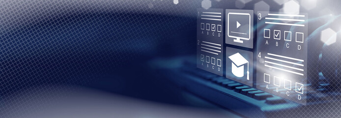   E-learning, education, online exam concept.Choose correct answer. Education internet online...