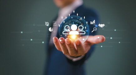 Customer Relationship Management CRM. Businessman hand, global network client service. Cloud automation Ai technology. Business big data partner solution development. Hr, human resources concept