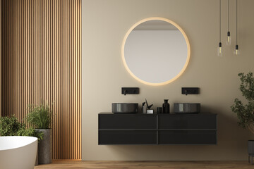 Modern minimalist bathroom interior,black bathroom cabinet, white sink, wooden vanity, interior plants, bathroom accessories, white bathtub, wooden wall, parquet flooring.