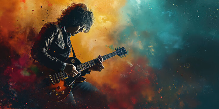 Iconic 1970s Groove: A vintage rock guitarist captivates with a teal and orange backdrop, channeling the era's vibes. An electric performance blending nostalgia and timeless style