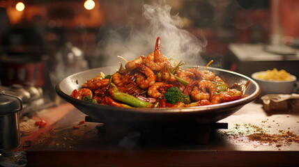 Aromatic stir-fry in the heart of an oriental kitchen, showcasing the skilled preparation of a delectable Chinese prawn dish