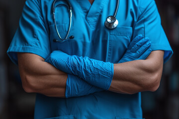 Unrecognizable surgeon with crossed arms and a stethoscope