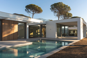 Outdoor view of a white and wooden luxury house with swimming pools and pine trees outside - obrazy, fototapety, plakaty