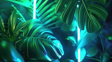 Illuminated Tropical Foliage with Neon Lights