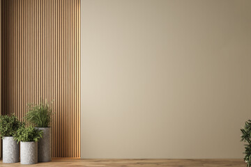Modern empty room with open door to garden 3d render. The Room. have concrete and wooden plank...