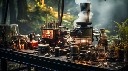 coffe or tea equipment with plant forest background