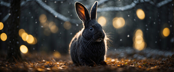 A black rabbit with lights behind, easter concept and exotic animals - obrazy, fototapety, plakaty