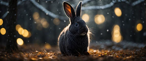 Foto op Aluminium A black rabbit with lights behind, easter concept and exotic animals © Centric 