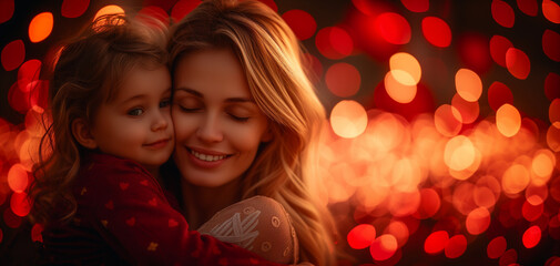 photo of a child and his mother embracing each other with happy expressions on a Valentine's background