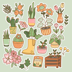 set of sticker leaf, flowers, plant, cute hand drawn