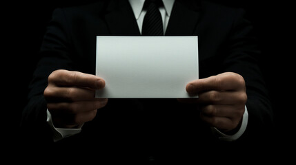 Businessman holding a blank sheet of paper on a gray background with space for text or graphics