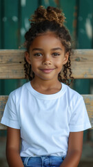 African girl sitting on bench on background of green summer city park.