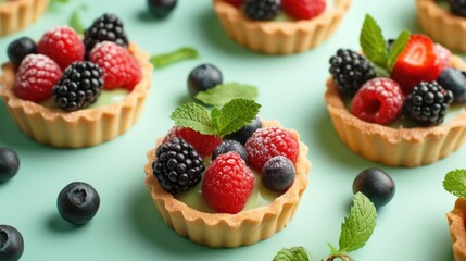Fresh Berry Tarts on Aqua Surface