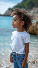 African girl in white t-shirt and jeans on background of sandy beach of the sea.