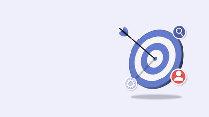 3d target with arrow and SEO icons on blue background. Business goal web banner. Digital marketing, SEO optimization and social media concept. Vector illustration.